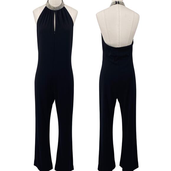 Vintage 90s Jumpsuit Embellished Rhinestone Choker Keyhole Neck Flared Leg Black - Picture 1 of 12